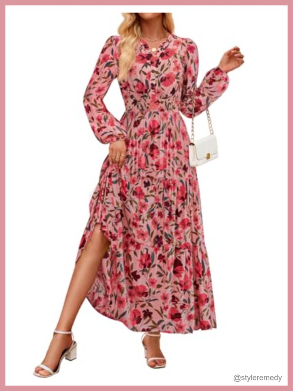 Women's Floral Maxi Dress Long Sleeve V-Neck A-Line Boho Tiered Fall
